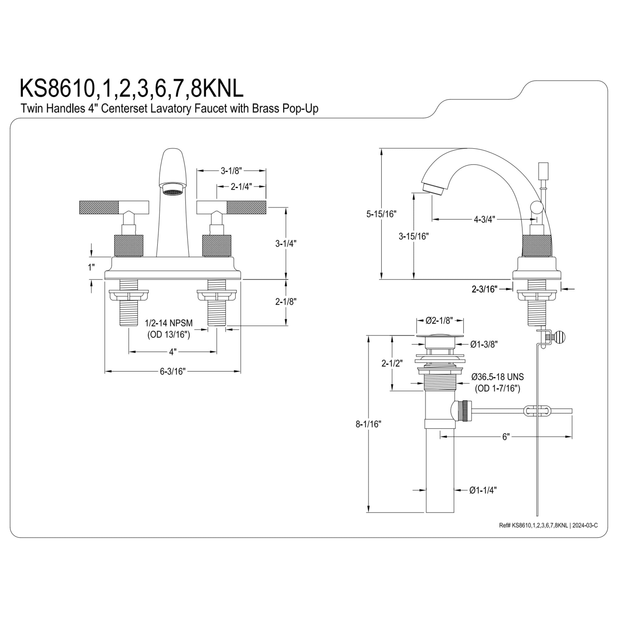 Kingston Brass KS8618KNL Knurled Double-Handle 3-Hole Deck Mount 4-Inch Centerset Bathroom Faucet with Brass Pop-Up in Brushed Nickel