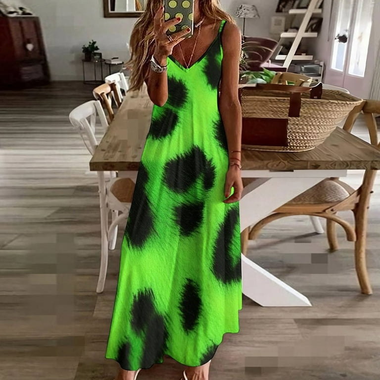 Neon Green Leopard Print Fur Sleeveless Suspender Dress Summer Fashion  Casual Long Dress - Walmart.com