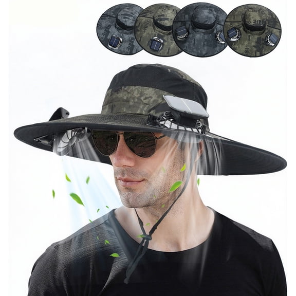 JELLOO Wide Brim Solar Sun Fan Outdoor Fishing Hat - USB Charging, Waterproof Men Sun Hat with 2 Solar Fans