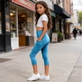thumbnail image 6 of Girls Cropped Legging Pants High Waist Stretchy Yoga Leggings Casual Slim Base Layers Trousers with Pockets Light Blue 8-9 Years, 6 of 7