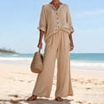 thumbnail image 2 of NMMUED Women's Linen 2 Piece Sets Linen Pants Set for Women Streetwear Wide Leg Pants Suits Long Sleeve Button Down Oversized Pant Sets Gauze Outfits for Women 2 Piece Sets Khaki M, 2 of 4