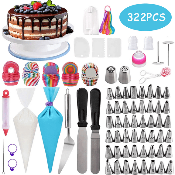 Cake Decorating 322 PCS Kit with Rotating Turntable & 100 PCS Cupcake and Baking Supplies