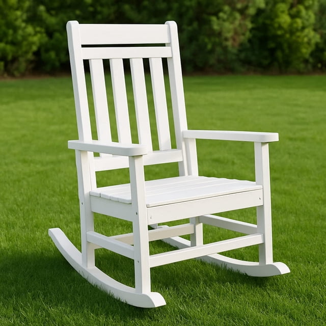 Bingirl Outdoor Rocking Chair HDPE Plastic Patio Rocker Chair for Porch Deck Lawn Garde White (Four straight back panels)