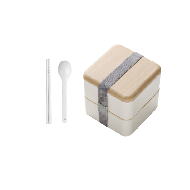 Fiambrera almacenamiento de alimentos 2 recipientes cuadrados, utilizados para palillos y cucharas para adultos, sin líquido impermeable de grano de madera BPA (blanco, 13,5 * 13,5 * 13 cm)
