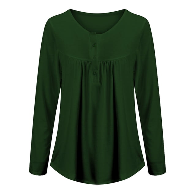 DYMADE Women's Solid Henley V-Neck Blouse Pleated Button Tunic Shirt Top