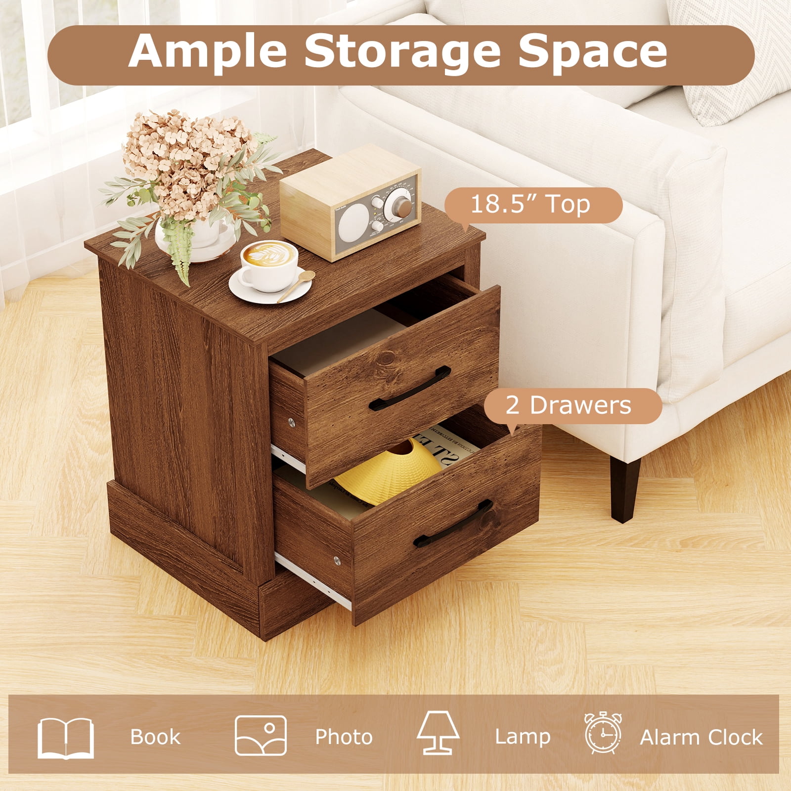Gymax Set of 2 Drawer Nightstand Bedside Table Compact Sofa End Table Rustic Walnut