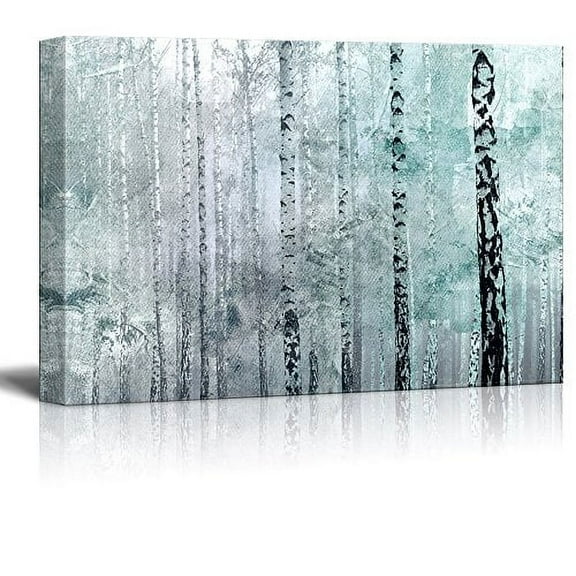 wall26 Canvas Print Wall Art Grunge Style Teal Mist White Birch Tree Forest Nature Wilderness Mixed Media Modern Art Rustic Landscape Relax/Calm Multicolor for Living Room, Bedroom, Office - 32"
