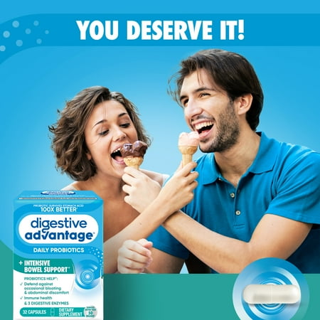 Digestive Advantage Intensive Bowel Support Probiotics For Women And Men, Digestive Enzymes For Gut Health, 32 Capsules