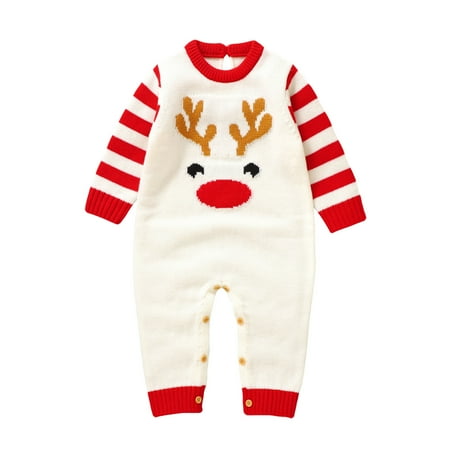 

UFOUND Toddler Newborn Infant Baby Boys Girls Christmas Knit Romper Sweater Deer Long Sleeve Striped Jumpsuit Warm Winter Clothes Child Leisure Dailywear