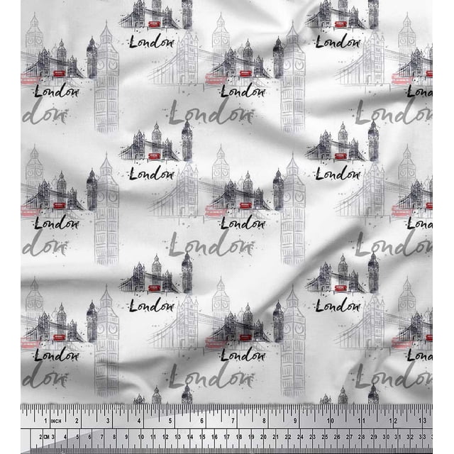 Soimoi White Rayon Fabric London Theme Architectural Print Sewing Fabric Yard 42 Inch Wide