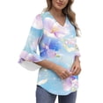 thumbnail image 4 of Women's Dressy Chiffon Blouse: Boho Floral Print 3/4 Petal Sleeve V-Neck Top - Business Casual Ruffled Office Shirt Spring Fall Workwear, 4 of 7
