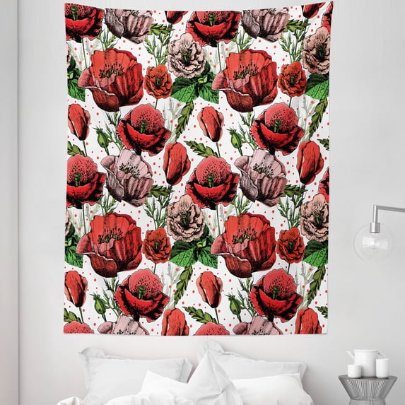 Poppy Flower Tapestry, Pattern with Colorful Poppy Flowers Polkadot Background Classic Style, Fabric Wall Hanging Decor for Bedroom Living Room Dorm, 5 Sizes, Red Green Dried Rose, by Ambesonne
