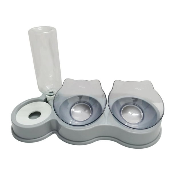 Cuencos dobles para gatos, juego de comederos y bebederos para mascotas, 3 en 1, inclinados 15 degree con dispensador de agua, comedero elevado para perros gris