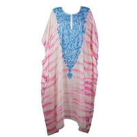 Mogul Women Kaftan Maxi Dress, Embroidered Caftan Pink Blue Tie Dye Lounger, Sheer Coverup, Bohemian Maxi Dress 4X