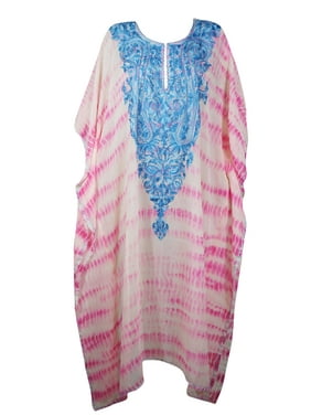 Mogul Women Kaftan Maxi Dress, Embroidered Caftan Pink Blue Tie Dye Lounger, Sheer Coverup, Bohemian Maxi Dress 4X