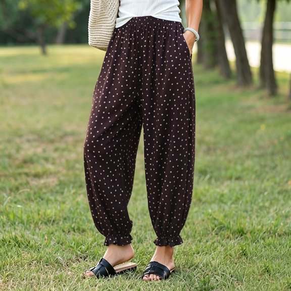 Warop Women's Fashion Printed Polka Dots Pocket Bubble Cuffed 9/10 Pants Loose Fit Slimming Stretchy Casual Daily Homewear Trousers Comfortable Cozy Warm