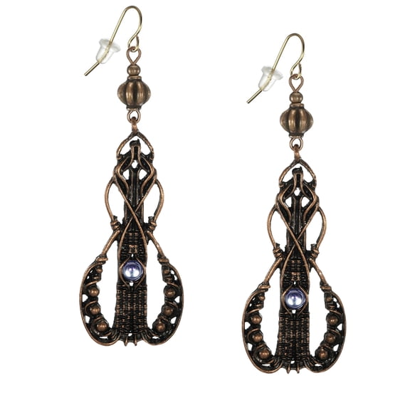 Beautiful Long Abstract Copper and Moonstone Earrings, Hypoallergenic Gold Earwires