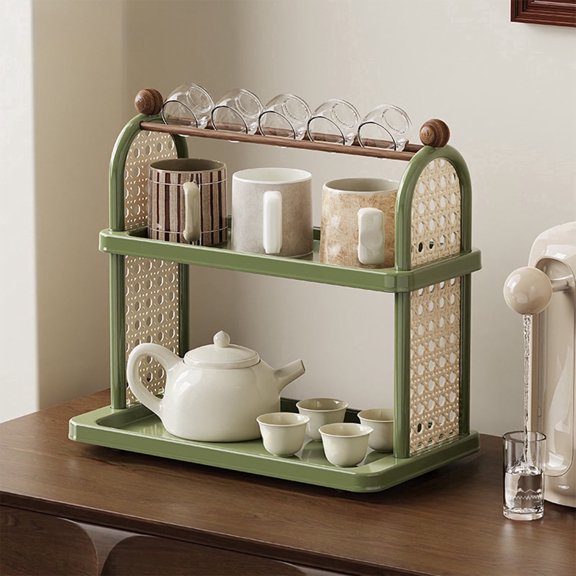 2 Tier Cup Drying Rack with Drain Tray,Countertop Mug Holder,Multi-Functional Kitchen Storage Organizer Shelf for Glasses,Tumbler,Teacups,Spice Rack