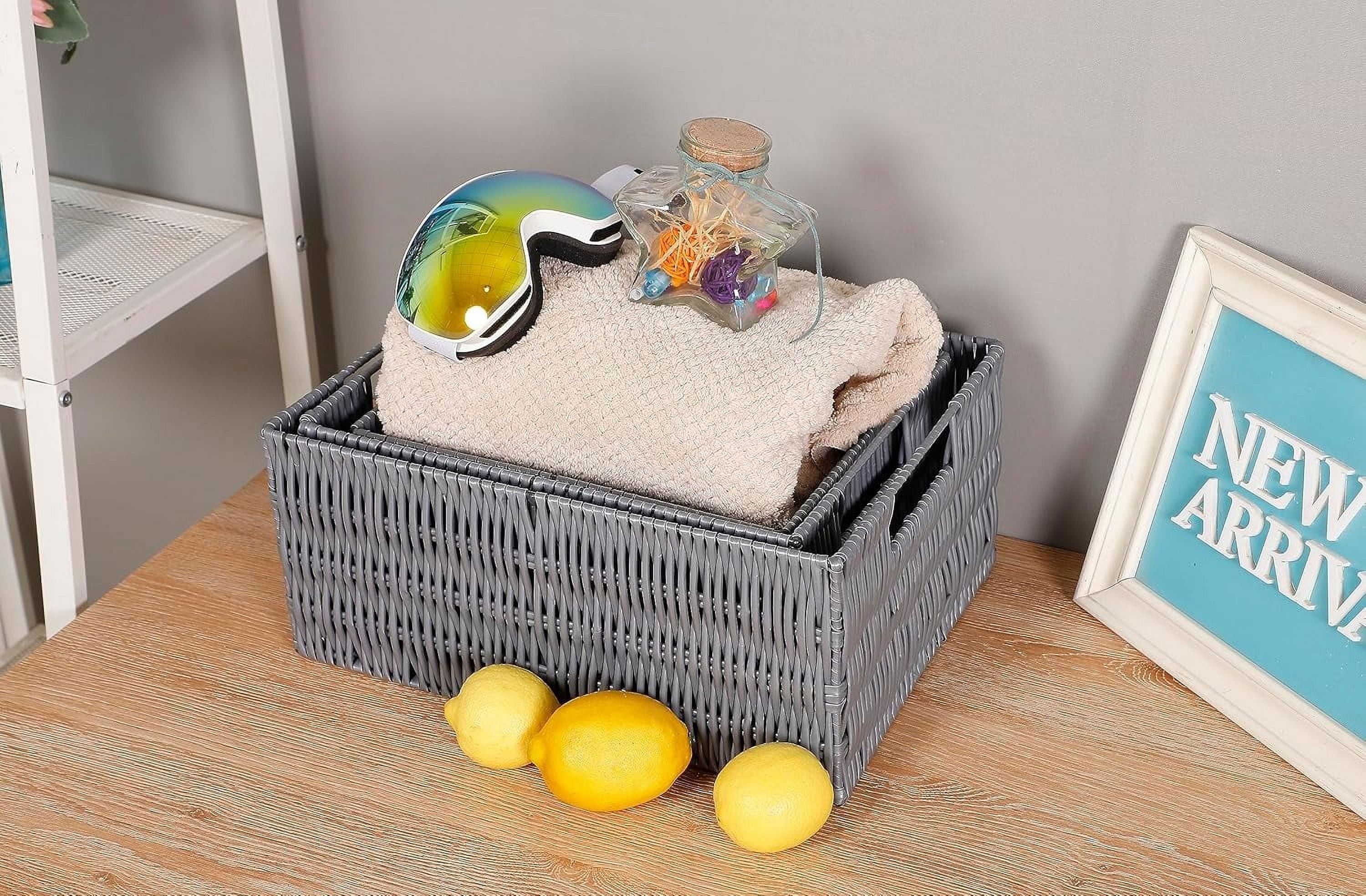 Elevon Rectangle Wicker Storage Baskets for Storage Racks, Shelves, Organizing, Handmade Wicker Storage Baskets Organizer, Waterproof Woven Storage for Toilet Shelf, Laundry Room, Gray, 3-Pack