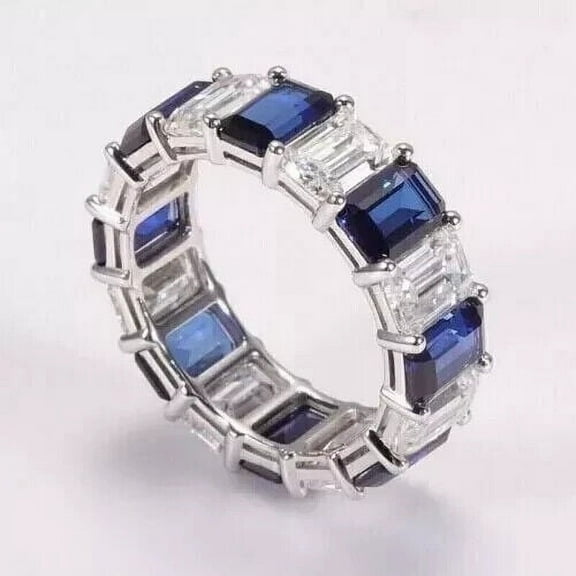 3Ct Emerald Cut Lab Created Blue Sapphire Eternity Wedding Band Ring 14K White Gold Plated 925 Sterling Silver
