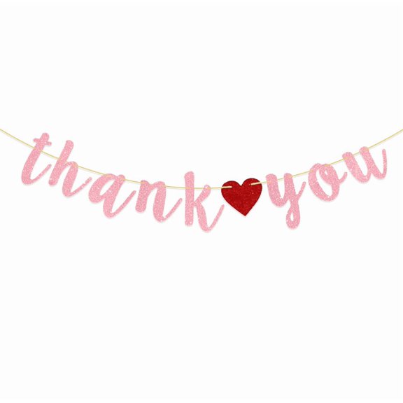 Thank You Banner, Pink Glitter Script Letters with Red Heart, Party Decoration