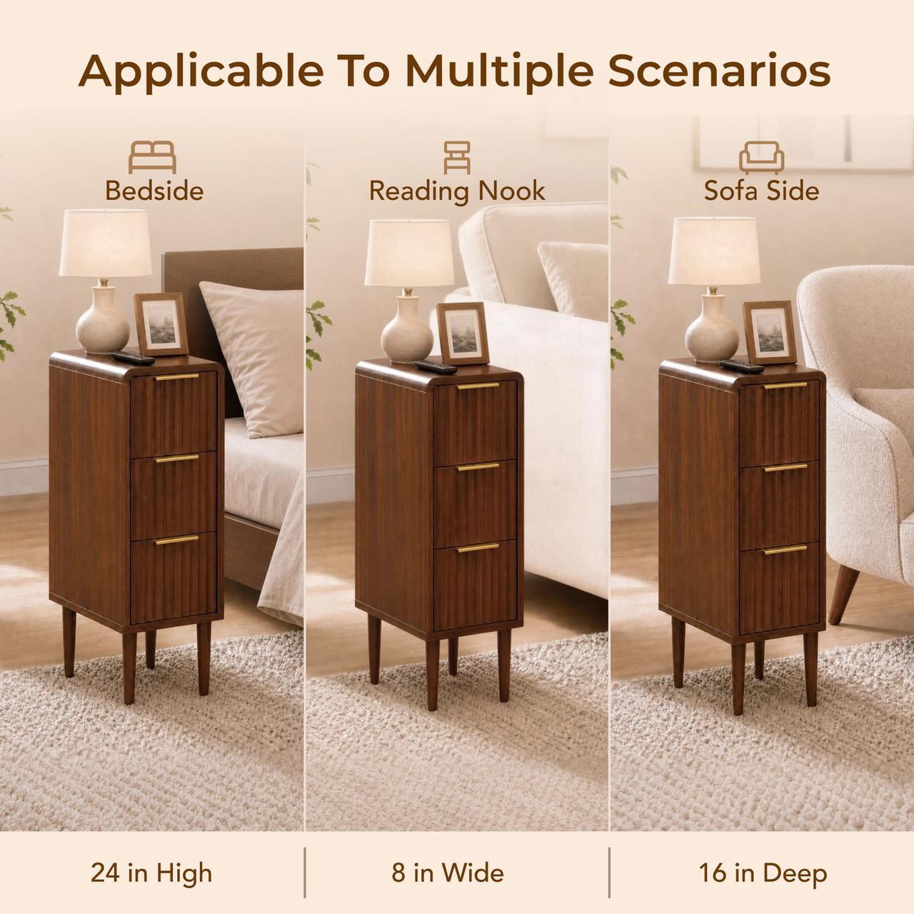 Spruce & Spring Mid-Century Modern Narrow Nightstand with 3 Drawers for Bedroom & End Table for Small Spaces, Fluted Front, Walnut