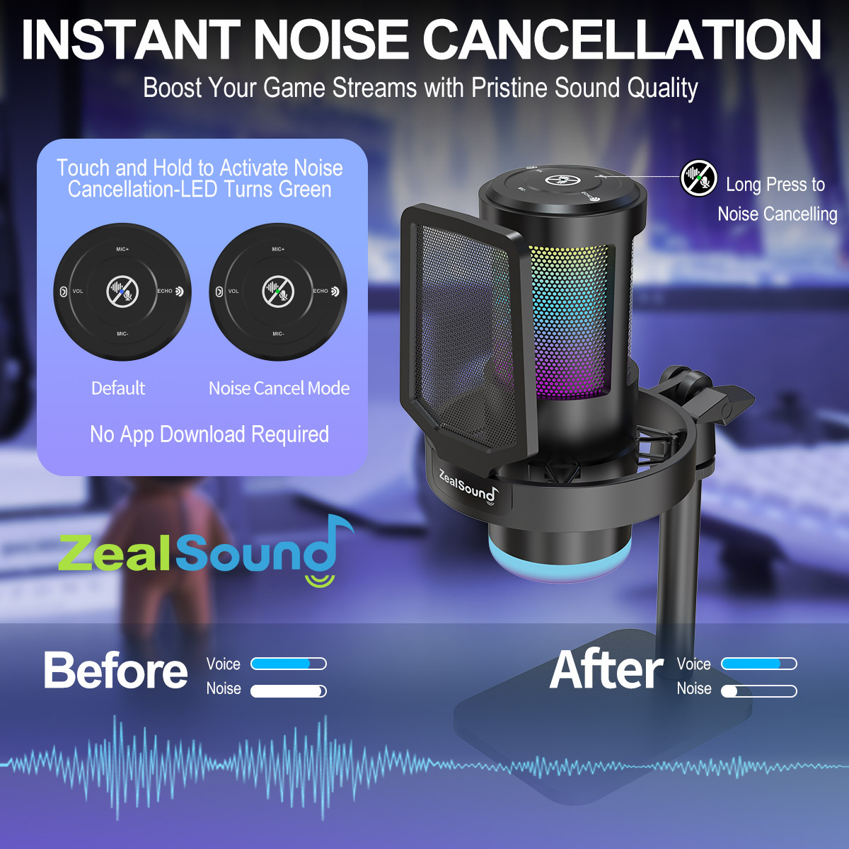ZealSound Gaming USB Microphone with RGB Light, Noise Cancelling, Echo and Mute Control, Plug & Play Condenser Mic for PC, Streaming, Podcast, and Recording on Mac & Window