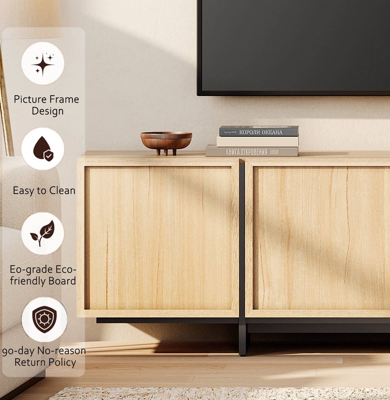 Modern 2-Piece Living Room Set, 70.9" TV Stand Entertainment Center & 57.5" 9-Compartment Storage Cabinet, 4-Door Closed Storage with T-Shaped Legs,Oak
