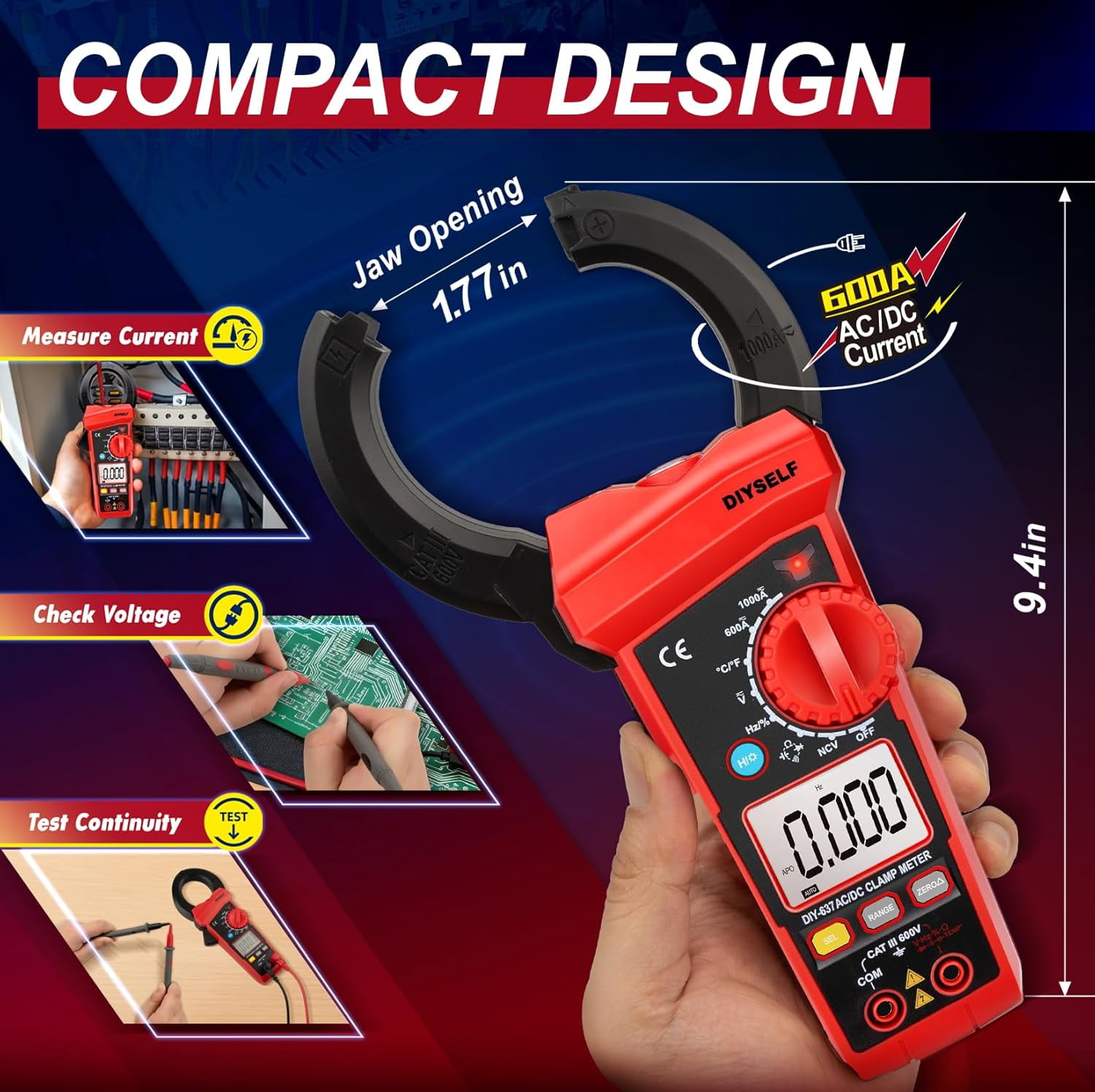 DIYSELF Digital Clamp Meter – 600A AC/DC, 6000 Counts, Auto-Ranging Multimeter with Non-Contact Voltage, Backlit Display, Temperature Test, Diode & Continuity, CAT III 600V, Clamp Multimeter