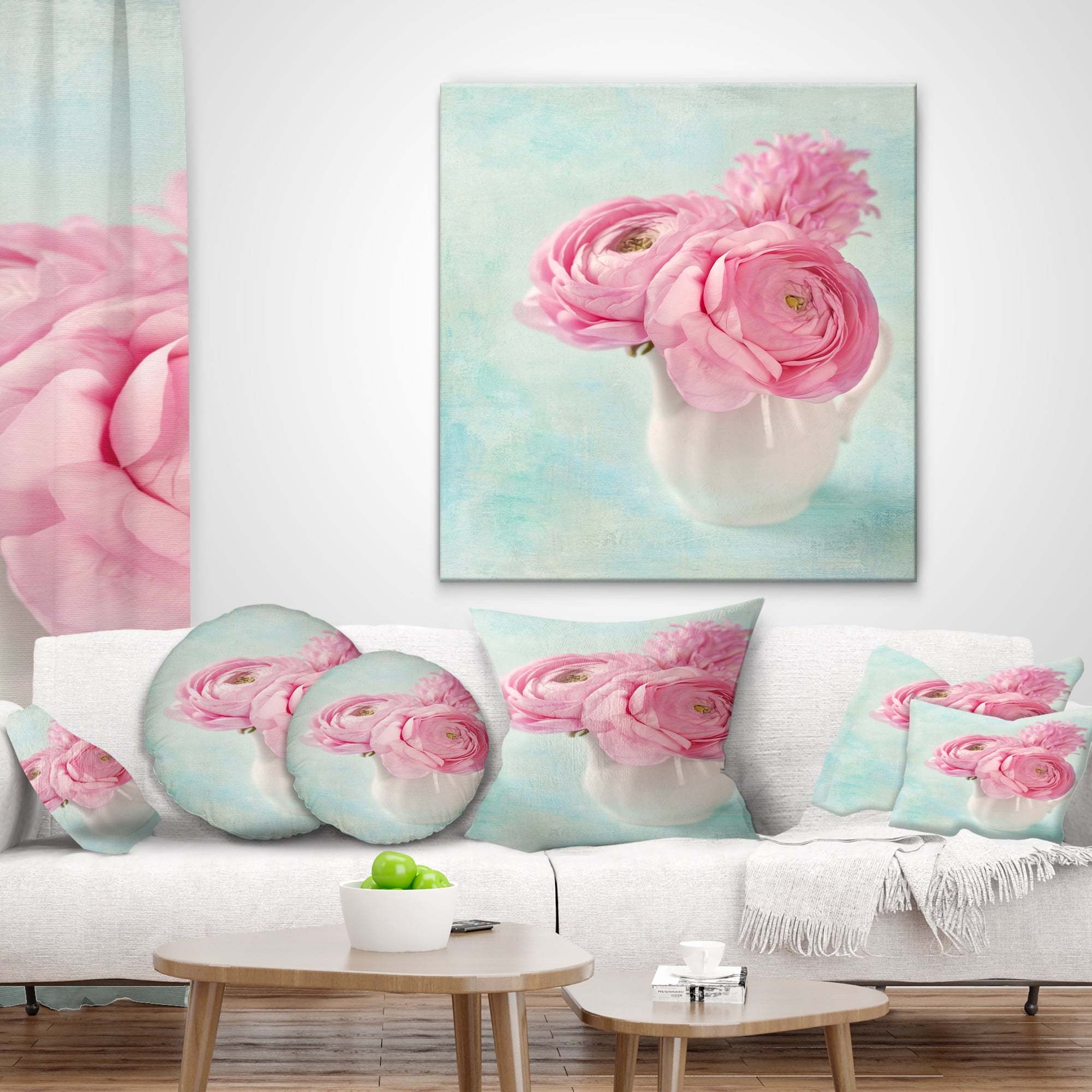 Designart Pink Ranunculus Flowers in Vase - Floral Throw Pillow - 12x20
