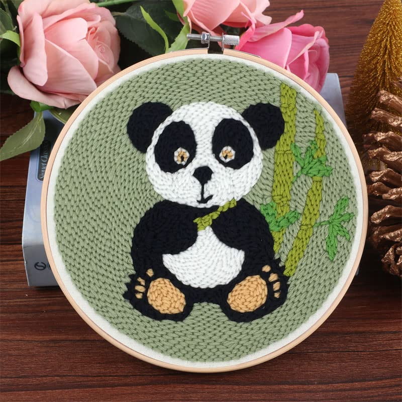 2 Pack Easy Smaller Size DIY Craft Punch Needle Embroidery Kits Rug for Starter Kits with Stamped Color Pattern with Instruction,Yarn and Wood Needle Pen,15cm Hoop (Dairy Cow,Panda)