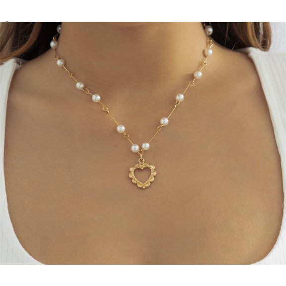 Goldtone Imitation Pearl Open Heart Necklace