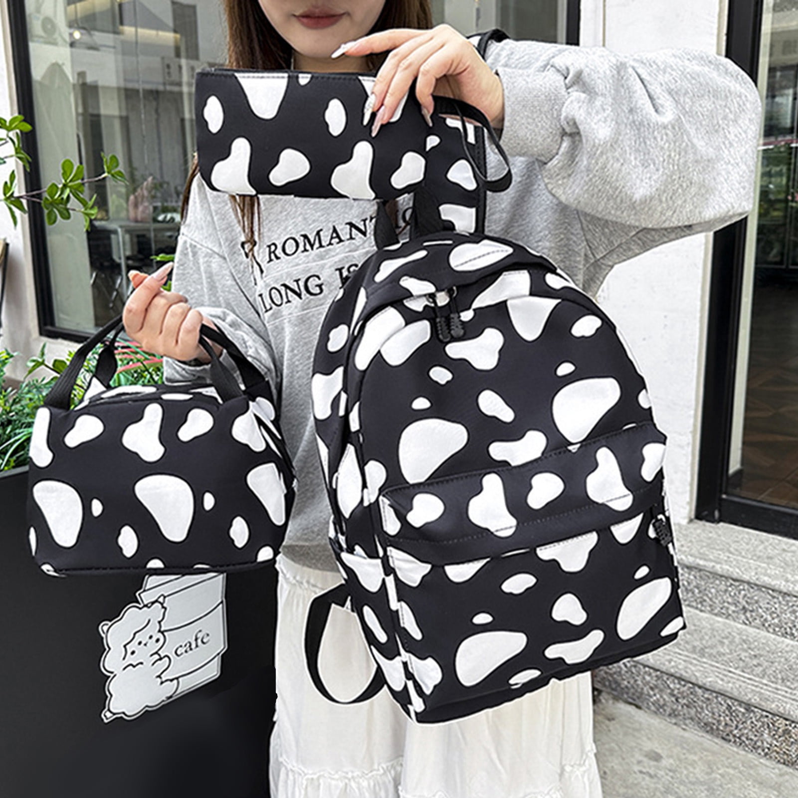 Cow Print Backpack Set 3PCS Casual Travel Daypack with Lunch Bag & Pouch Lightweight Multi-Pocket School-Style Backpack