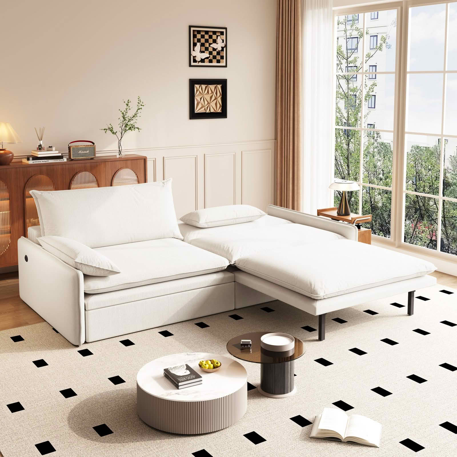 MAYEERTY 81.1" 4‑Seat Convertible Sleeper Sofa Bed, Cloud‑Like Chenille Couch with Storage, USB Port and 2‑in‑1 Pillows