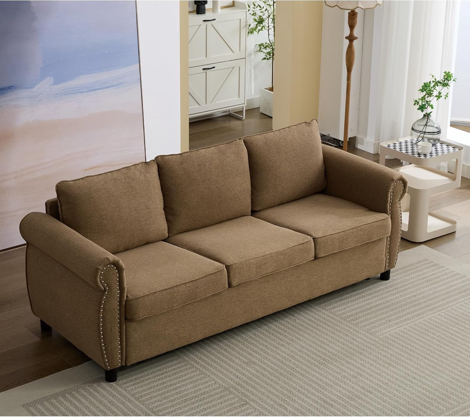 Sleeper Sofa Bed Full Size, Pull Out Couch with Mattress, 81.5'' 3 Seater Upholstery Sectional Couches, Modern Linen Convertible Sofa, Living Room Furniture for Small Spaces, Apartment, Brown