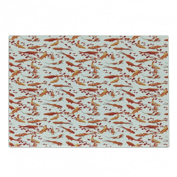 Fish Cutting Board, Japanese Traditional Aquatic Creatures with Leaves Branches Ornament Abstract Image, Decorative Tempered Glass Cutting and Serving Board, Small Size, Orange White, by Ambesonne