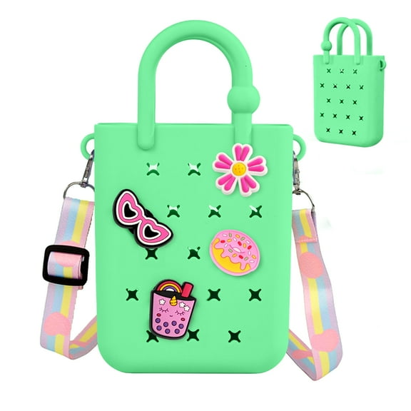 Mini Rubber Tote Bag, EVA Waterproof Beach Tote for Little Girls And Woman, Silicone Hole Small Beach Tote for Travel Outdoor, Cute Rubber Beach Bag with 20 Charms & Adjustable Shoulder Strap