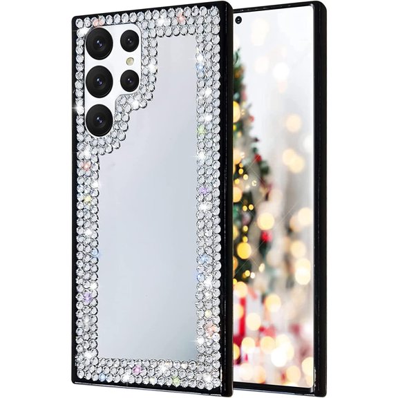 Compatible with Galaxy S23 Ultra Mirror Case Makeup Cute for Women Girls Bling Glitter Diamond Rhinestone Cover Luxury Fashion Protection Shockproof Case