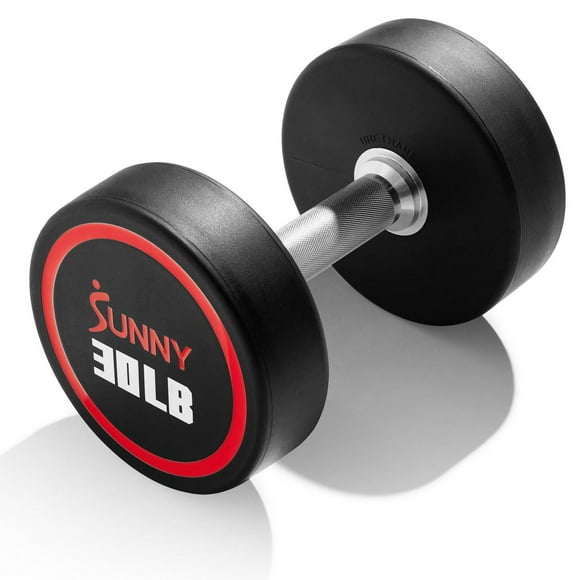 Sunny Health & Fitness Premium Polyurethane Commercial Grade Round Dumbbells 30LBS with Diamond Knurled Handle, Durable Strength Training Equipment for Home Gym, Single