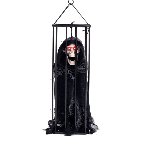 Halloween Cage Ghost Decoration, Sound Activated Scary Hanging Skeleton Prisoner with Glowing Eyes, Haunted Mansion Halloween Decor Prop