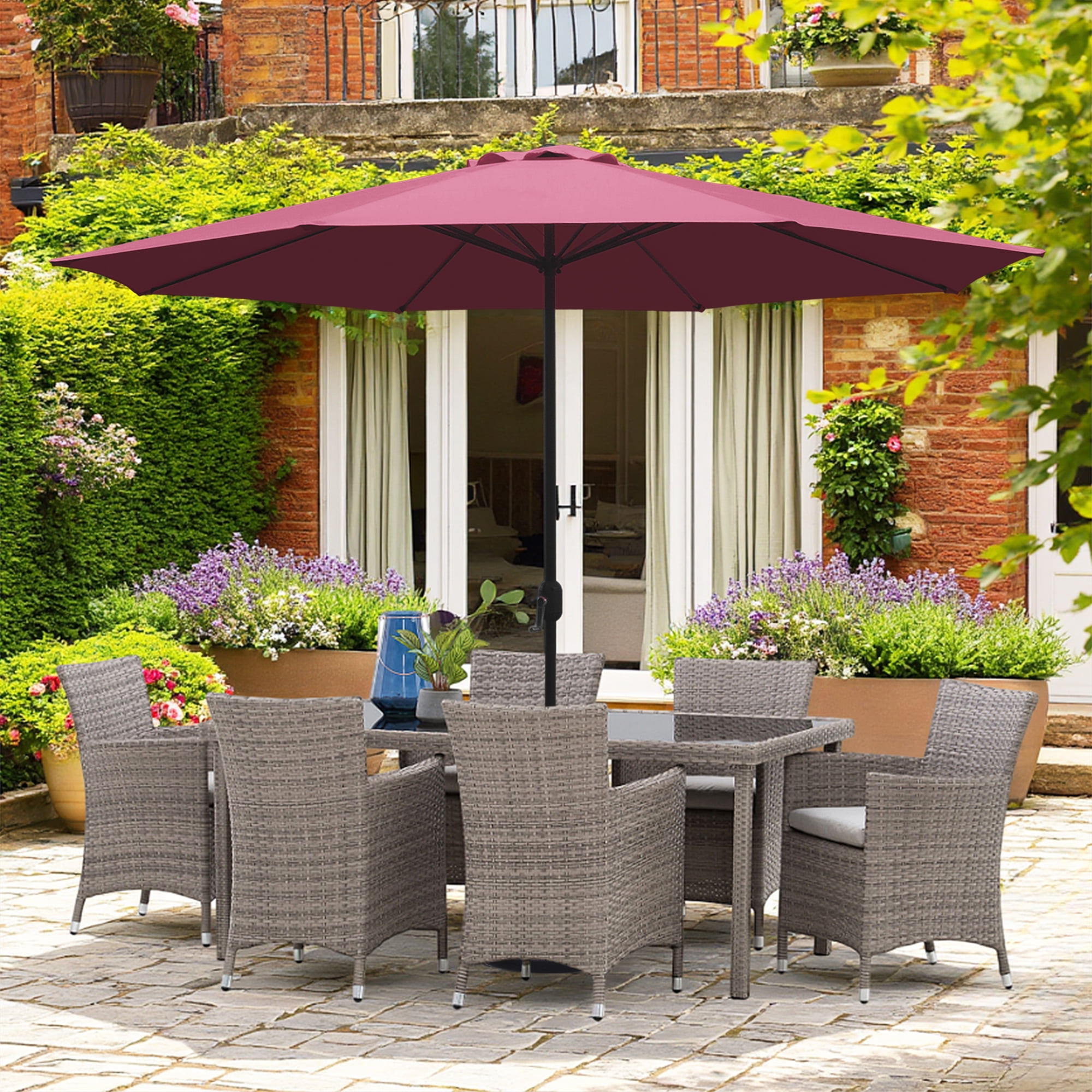Kool 11FT Outdoor Patio Umbrella with Crank Handle, Market Umbrella with 8 Sturdy Umbrella Ribs, Waterproof for Garden Deck Backyard Pool, Burgundy