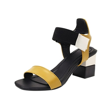 

Ramiter Womens Shoes Heels for Women Ladies Fashion Blocking Leather Open Toe Hook Loop Thick High Heeled Sandals Yellow