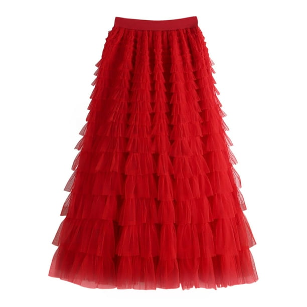 Gibobby faldas largas de mujer casuales de malla Color sólido cuatro estaciones falda hinchada falda larga(Rojo, M)