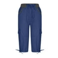 thumbnail image 5 of Aligament Linen Pants Women Trendy Low Waisted Elastic Capris Cargo Pants Casual Multi Pocket Solid Drawstring Athletic Bottoms Blue M, 5 of 6