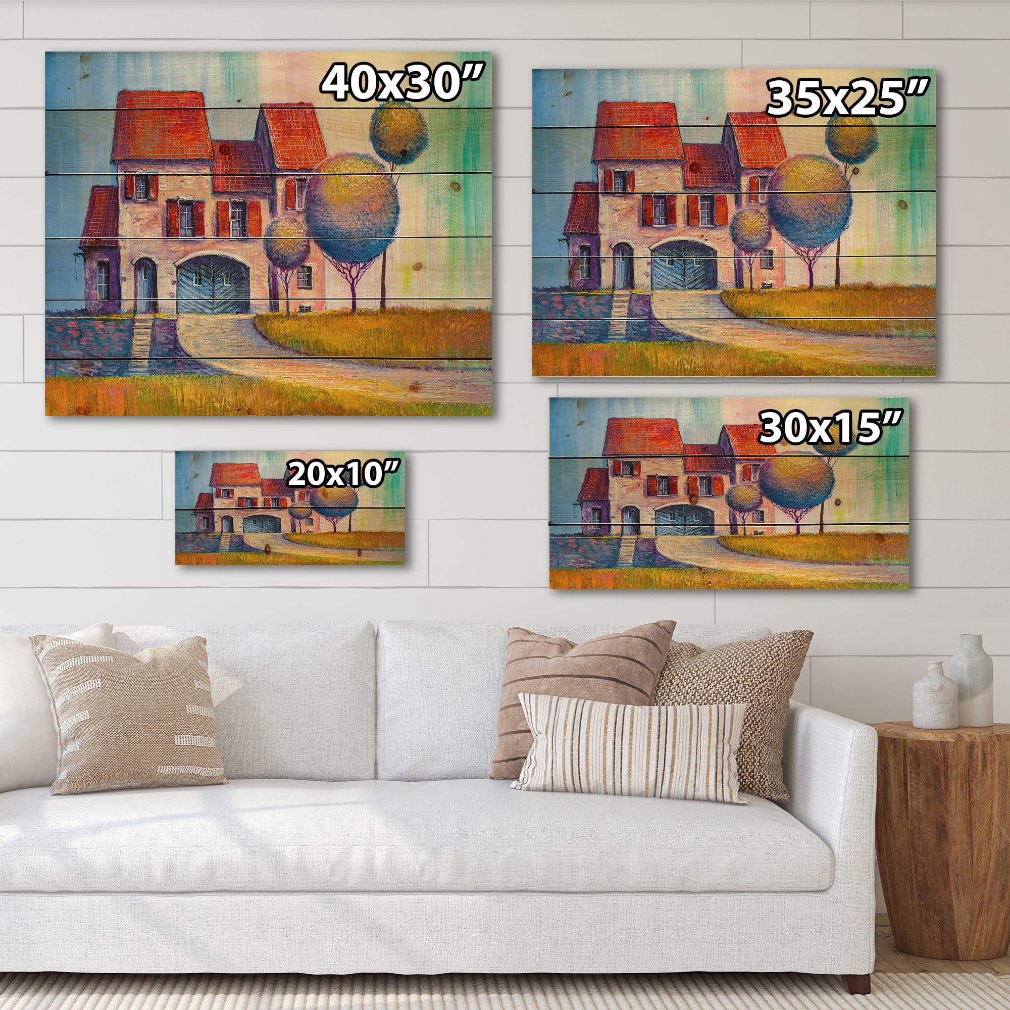 Designart 'A Red Roof House With In The Village' Modern Print on Natural Pine Wood