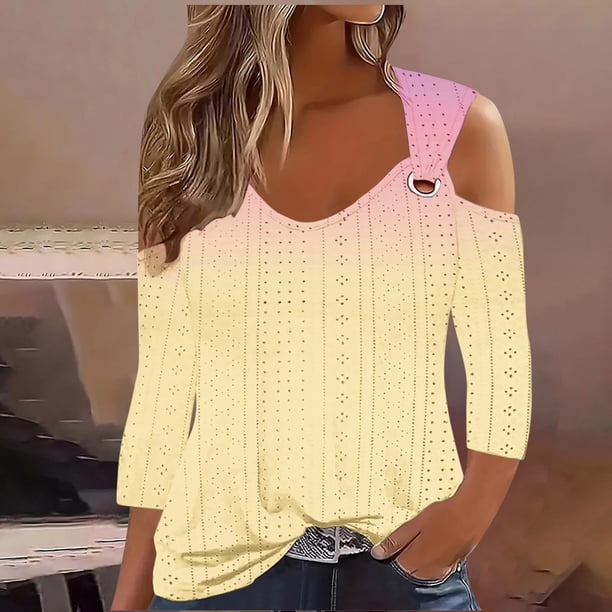 mfyjkho Tops Bohemios Para Mujer, Jersey De Manga Corta Con Estampado Casual Y Hombros Descubiertos Para Mujer 2024 Tops Para Hacer Ejercicio S