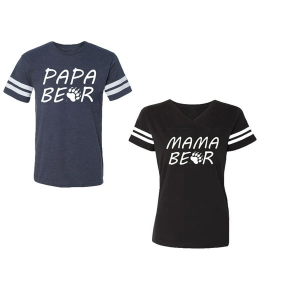 Papa Mama BearUnisex Couple Matching Cotton Jersey style T-Shirt Contrasting stripes on sleeves (Men Navy / Women Black) (Men S / Women S)