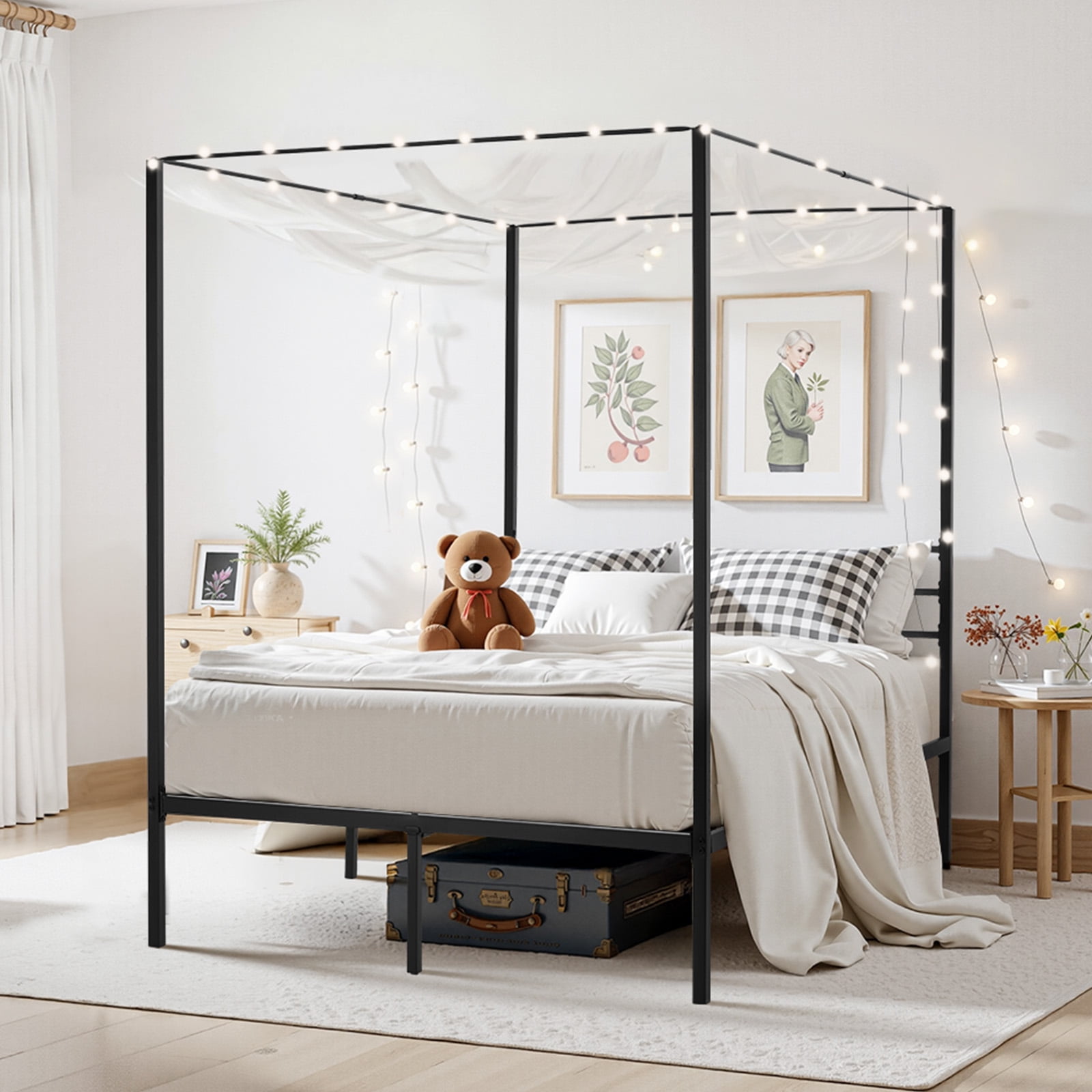 KFFKFF Full-Size Canopy Bed Frame for Bedroom, Durable Steel Bed Frame, No Box Spring Required, Underbed Storage, Simple Assembly, Black