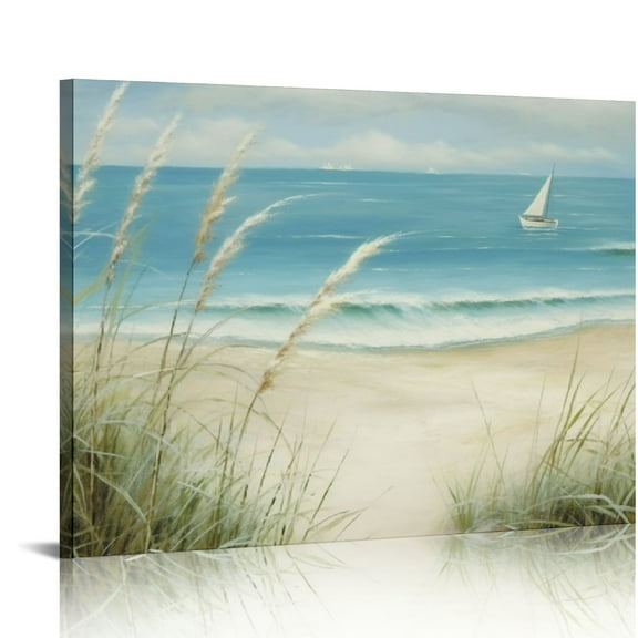 Shiartex Beach Sea Canvas Wall Art: Seaside Coastal Reed Painting Blue Ocean Nautical Picture Modern Minimalist Seascape Grass Path Artwork Decor for Living Room Bedroom 20x16in
