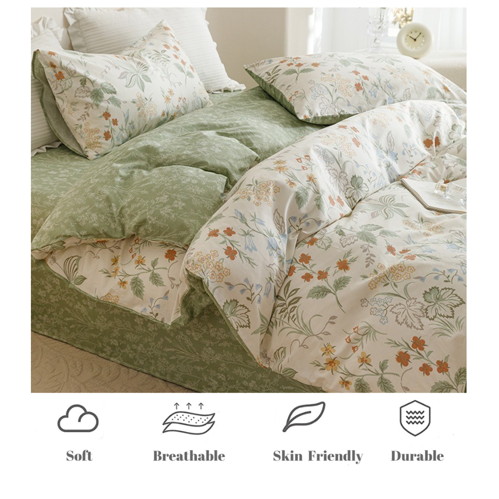 Spring Summer Garden Style Chic Botanical Flower Pattern Floral White and Green Leaves Reversible Duvet Cover,Full Size